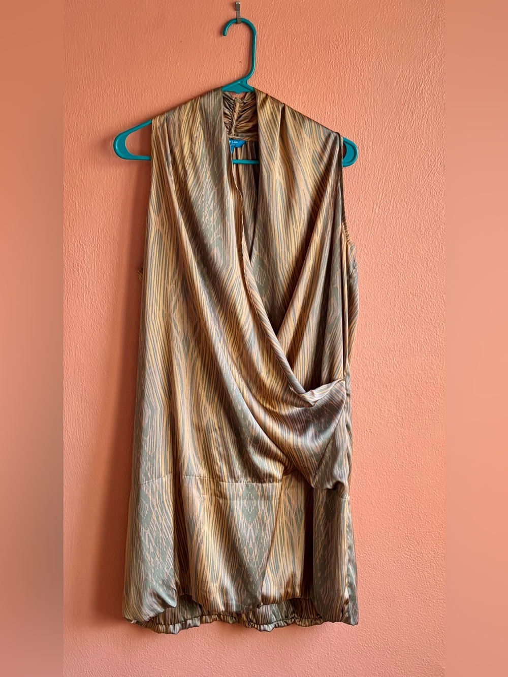 Derek Lam Draped Ikat-Stripe Sleeveless Dress in Sage and Tan
